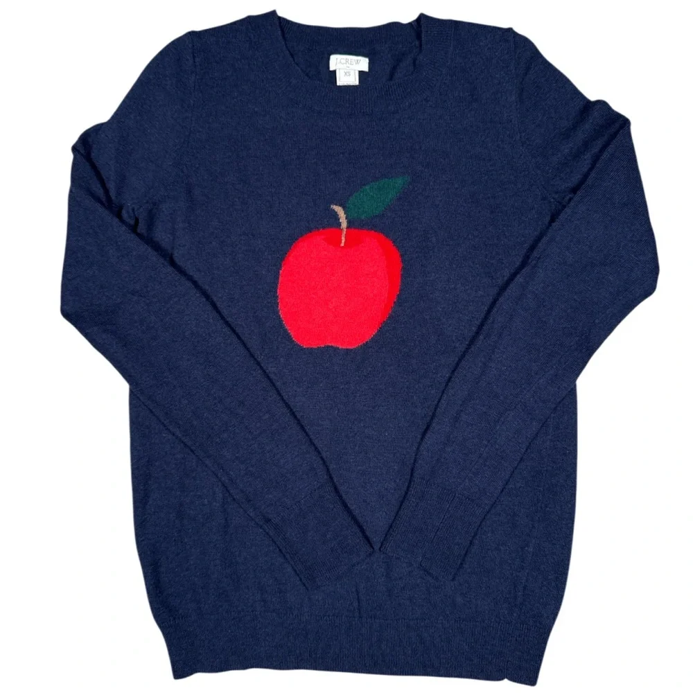 J. Crew Apple Print Teddie Navy Crew Neck Sweater Women’s Size XS